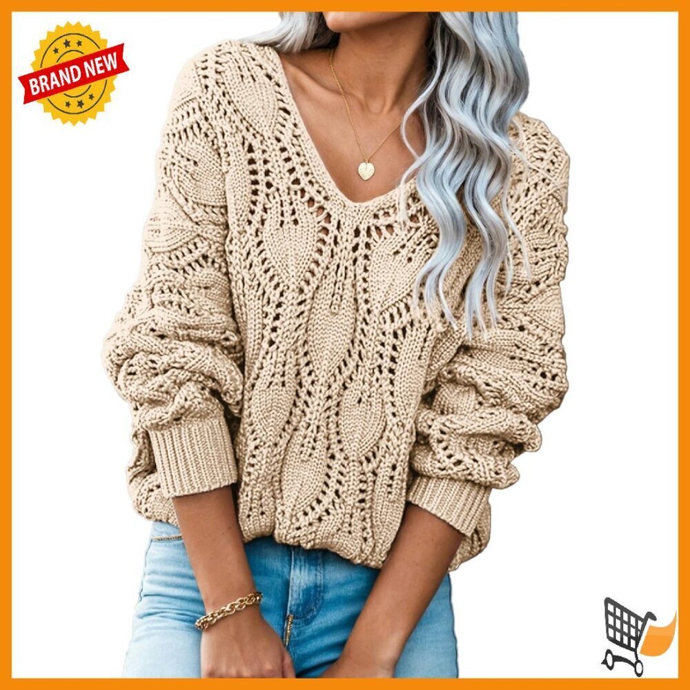 V-Neck Crochet Hollow Out Pullover Sweater, Loose Fit, Long Sleeve